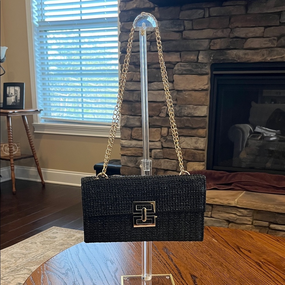 Straw Clutch Purse with Gold Chain and Black Woven Design with Gold Hardware